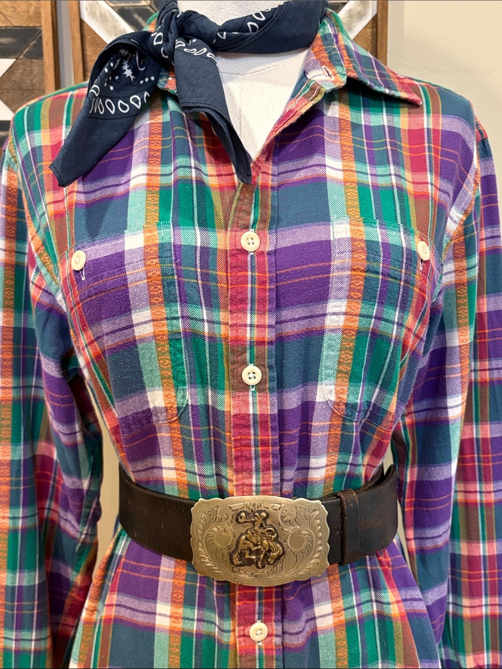 Vintage Ralph Lauren Blue Label Y2K Plaid Button Down Top Made in India size 8 - Picture 2 of 13